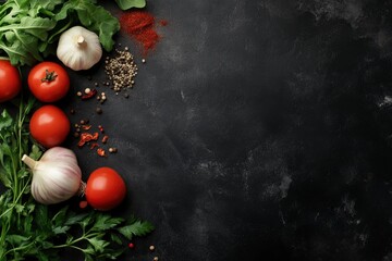 Recipe template with recipe book, spice, onion, garlic, tomatoes and greens on black background. Mock up, copy space, top view - generative ai