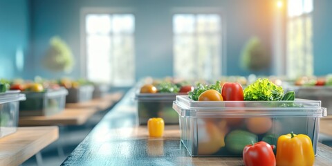 Fresh vegetables arranged in clear containers, bright natural light illuminating a clean kitchen environment, promoting healthy eating.