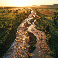 Aerial view of river flowing through lush farmland, showcasing beauty of nature during sunset. golden light reflects off water, creating serene and picturesque landscape