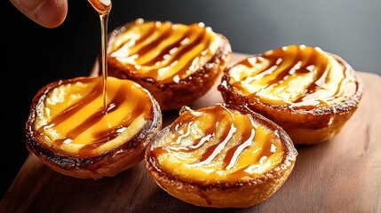 Poster - Close-up of four caramel-drizzled custard tarts on a wooden board with a hand pouring caramel.