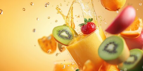 Vibrant splash of fresh fruit juice with kiwi, orange, and raspberry, showcasing a refreshing summer drink.