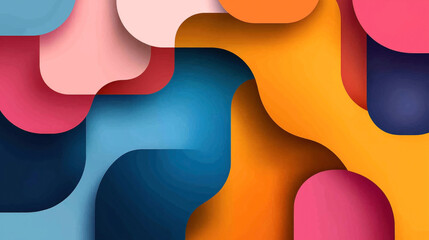 Wall Mural - Colorful abstract background with overlapping rounded geometric shapes in shades of blue, pink, orange, and red creating a layered paper-cut effect.