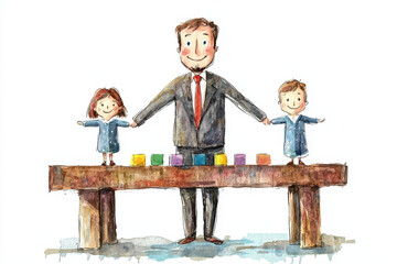 a cheerful scene depicting a man in a suit holding hands with two children, standing at a table with