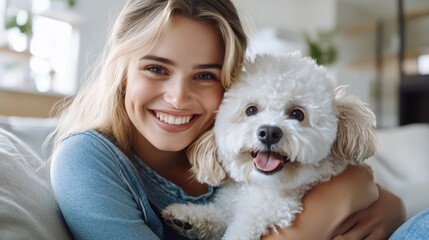 Wall Mural - A cheerful young woman with long blonde hair smiles warmly while embracing her adorable fluffy white dog on a comfortable couch in a bright, modern living room.