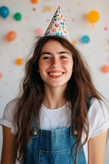 Sticker - A woman wearing a party hat and a white shirt. She is smiling and looking at the camera