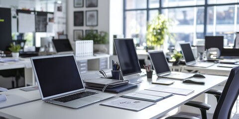 A white office desk with a laptop, a keyboard, a mouse, and a few books. The desk is surrounded by chairs and potted plants. Concept of productivity and organization