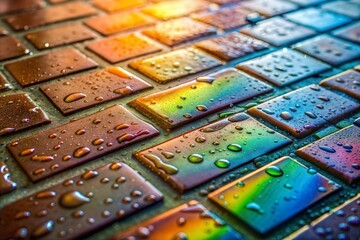 Canvas Print - iridescent water drops on colorful brick tiles close-up