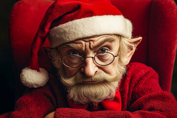 Canvas Print - An old man wearing a santa claus hat and glasses sitting in a red chair