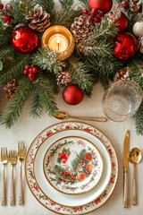 A table setting with plates, silverware and christmas decorations