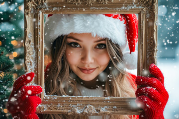 Sticker - A woman in a santa hat holding a picture frame