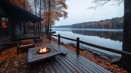 Wall Mural - Secluded wooden cabin with a deck and fire pit overlooking a serene lake surrounded by autumn foliage and tall trees. The peaceful scene reflects a calm, misty lake.