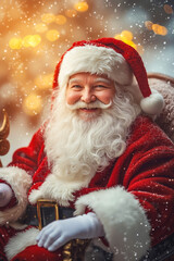 Poster - A man dressed as Santa Claus sitting in a sleigh with a bell