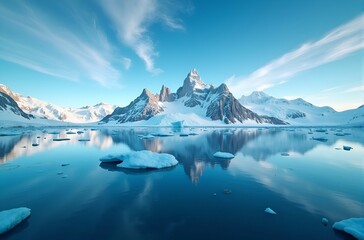 Mountains are in the background, ice floes are in the water