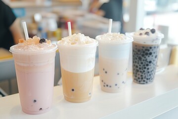 Several large glasses of bubble tea, milk tea with various toppings. A delicious refreshing drink at the counter in the cafe.