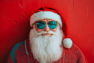 Poster - A man dressed as Santa Claus wearing sunglasses and a red hat