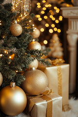 A christmas tree decorated with gold ornaments and presents under a fireplace