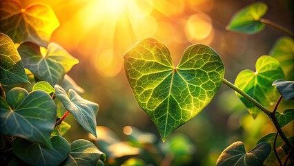 A single heart-shaped leaf illuminated by the golden rays of the setting sun, its intricate veins glowing with the warmth of a summer evening.