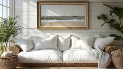 Wall Mural - Cozy living room with white sofa and beach artwork.