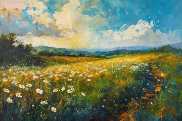 Sticker - Daisy painting field landscape.