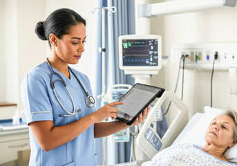 Nurse using digital tablet to monitor patient's vital signs in modern hospital room