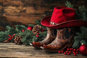 A pair of cowboy boots and a red hat on a wooden table