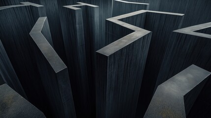 Sticker - Abstract image of a dark, maze-like architecture with large, tall, rectangular concrete structures.