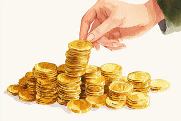 A hand adds a coin to a growing stack of shiny gold coins, symbolizing wealth, prosperity, and the value of saving.