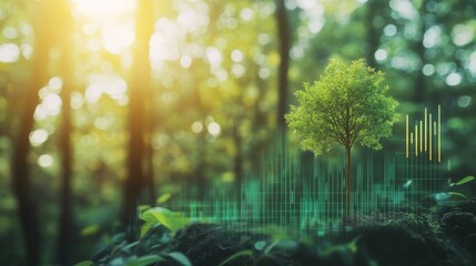 Poster - A digital tree stands amidst a lush forest, illuminated by sunlight, with vibrant sound waves representing nature's harmony.