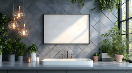 Wall Mural - Modern bathroom design featuring plants and stylish lighting.