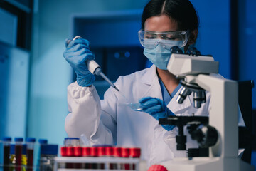 Wall Mural - science and medicine, scientist analyzing and dropping a sample into a glassware, experiments contai
