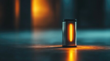 Cylindrical modern device glowing orange light in low-lit space