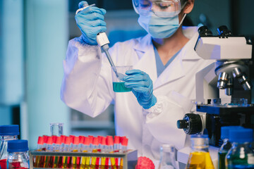 Wall Mural - science and medicine, scientist analyzing and dropping a sample into a glassware, experiments contai