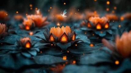 Wall Mural - A fantasy scene featuring glowing orange lotus flowers in a dark aquatic environment. Small illuminated houses are embedded in the flowers, with radiant dragonflies hovering above.