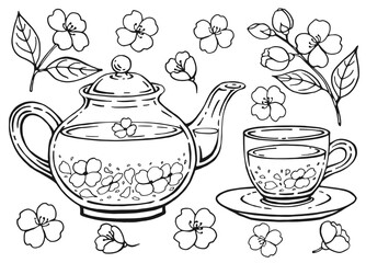 Wall Mural - Hand drawn teapot, cup, jasmine. Vector illustration in outline style.