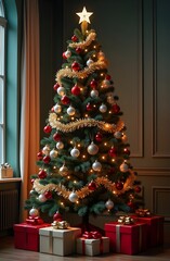 christmas tree decorated with christmas decorations, tinsel, lights and a star. new year tree in the