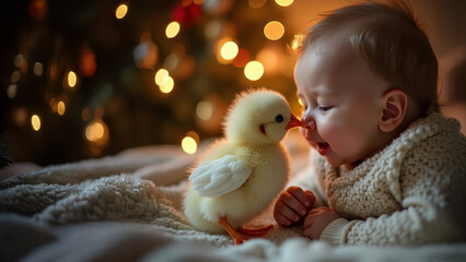 Baby and chick together near Christmas tree. Relationship between human and animal concept.