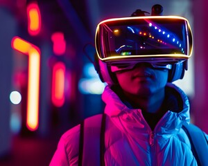 Wall Mural - Gamer Immersed in Cyberpunk Style VR Game with Neon Lights Reflecting on Headset