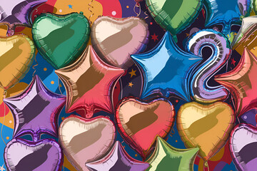 A colorful array of balloons, including hearts and stars, with the number 2 in the middle. The balloons are arranged in a way that creates a festive and celebratory atmosphere