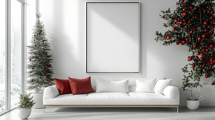 Wall Mural - Cozy living room with a Christmas tree and blank wall for decor.