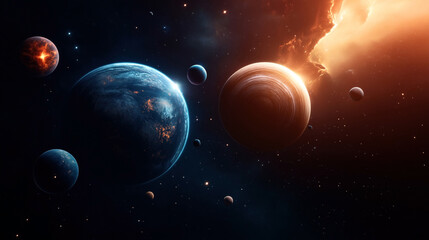 Wall Mural - digital illustration of a space scene featuring several planets of varying sizes and colors, with st