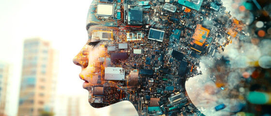 A creative digital portrait of a woman blending with electronic components, showcasing the intersection of humanity and technology in a modern urban setting.