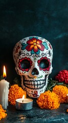 Vibrant Day of the Dead sugar skull adorned with colorful floral designs, surrounded by glowing candles and marigold flowers on a dark, moody background.