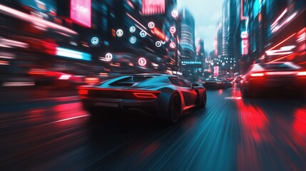 Canvas Print - Futuristic sports car driving through a neon-lit city street at high speed. The scene features blurred lights and digital cryptocurrency icons floating in the background.