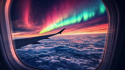 Wall Mural - Turning footage of the view from plane window with natural glow of the auroras spreads across the dark night sky.