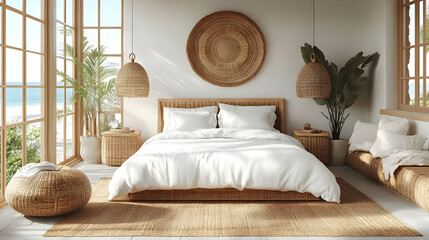 Poster - A serene, modern bedroom featuring natural materials and light.