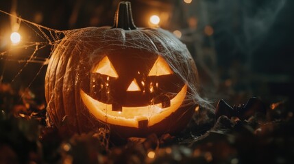 Wall Mural - halloween themed decorations with carved pumpkin spider web ghost bats and glowing light in dark atm