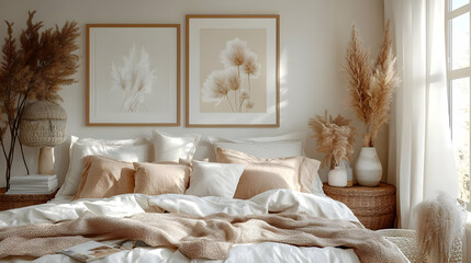 Sticker - Cozy bedroom with neutral tones and decorative plants.