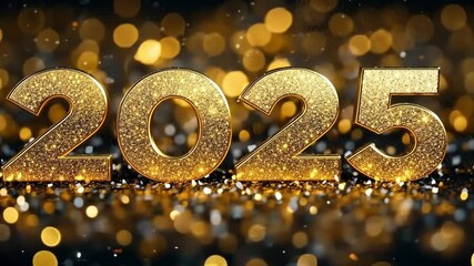 Wall Mural - golden glitter numbers for the year 2025 are sparkling on a blurred background with gold bokeh, crea
