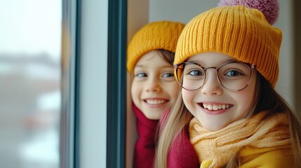 Two cheerful girls wearing colorful winter hats and scarves, smiling joyfully by the window on a snowy day.