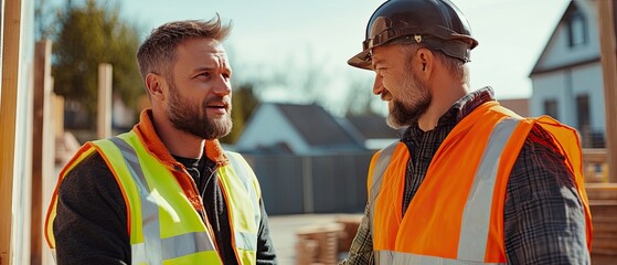 Two construction workers discussing plans at a building site, showcasing teamwork and safety in a vibrant outdoor setting.